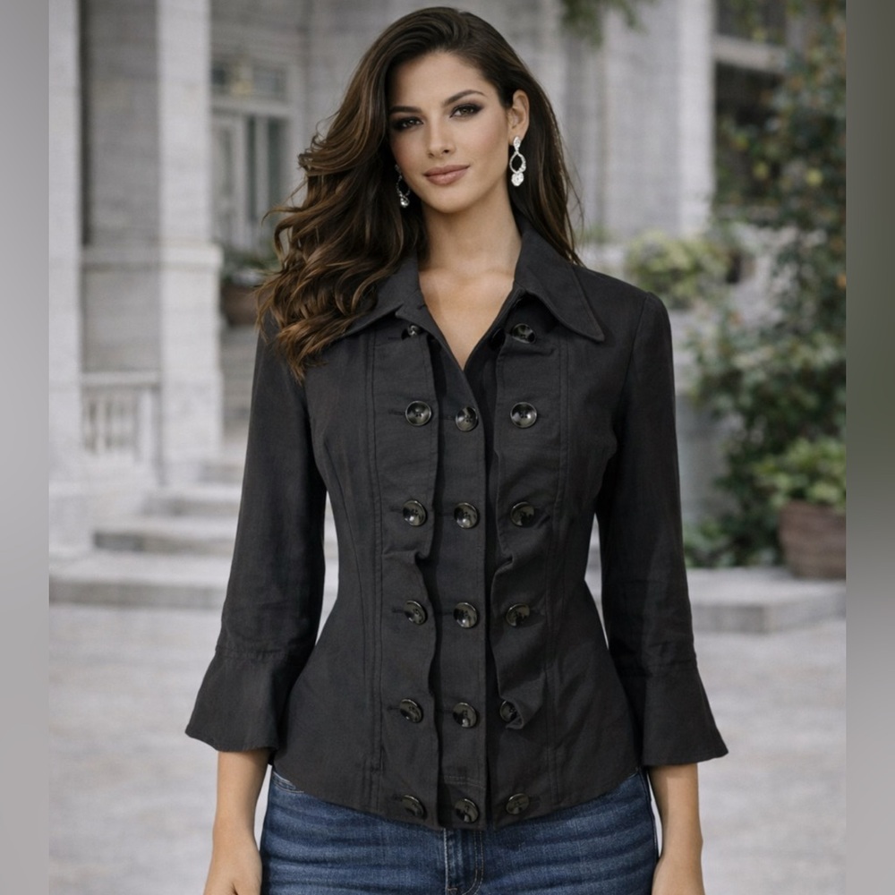Etcetera Suit Jacket Blazer 12 Black Buttons Ruffle 3/4 Sleeve Cotton Linen